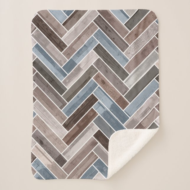 Cobertor Sherpa Padrão de Herringbone em Cinza azul marrom (Frente)