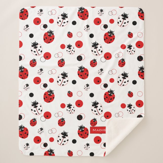 Cobertor Sherpa Padrão de Ladybug vermelho, preto e branco simples (Frente)
