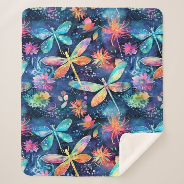 Cobertor Sherpa Padrão de libélulas vibrantes (Frente)