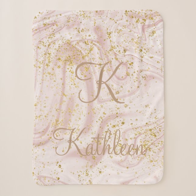 Cobertor Sherpa Padrão de mármore rosa e branco com brilho dourado (Frente)