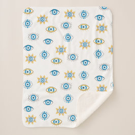 Cobertor Sherpa Padrão de Mati do Olho Grego Azul, Dourado e Branc