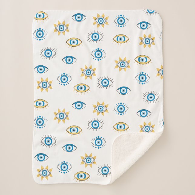 Cobertor Sherpa Padrão de Mati do Olho Grego Azul, Dourado e Branc (Frente)