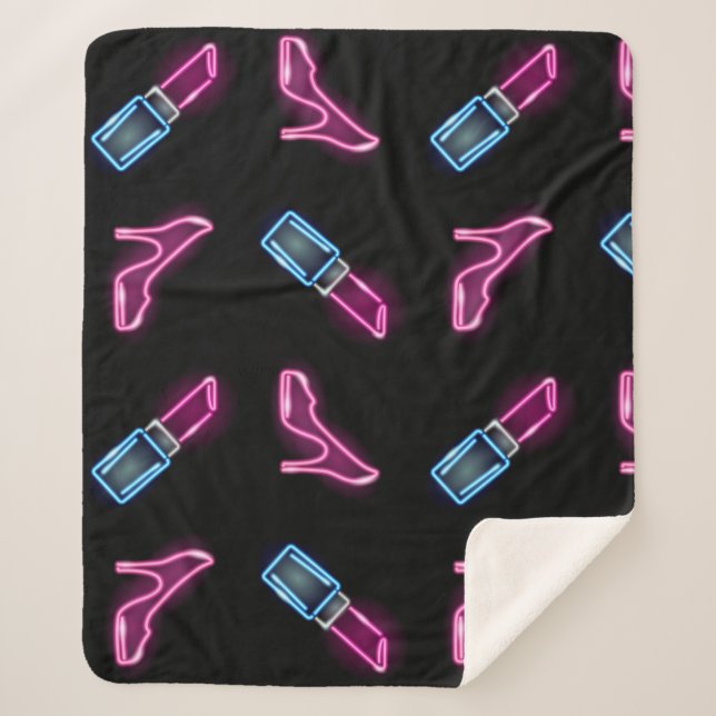 Cobertor Sherpa Padrão de Moda com Ícones de Neon. (Frente)