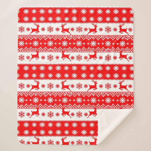 Cobertor Sherpa Padrão de Natal com Rena e Flocos de Neve (Frente)