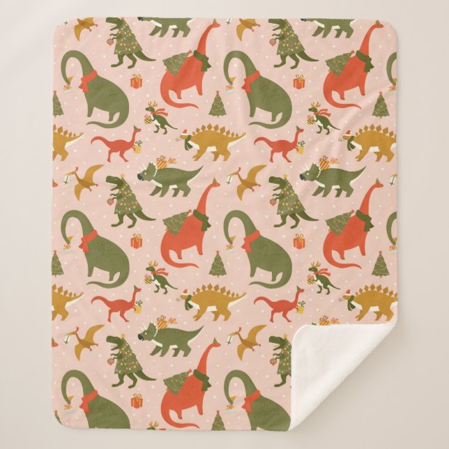 Cobertor Sherpa Padrão de Natal do Dinossauro Festivo (Frente)