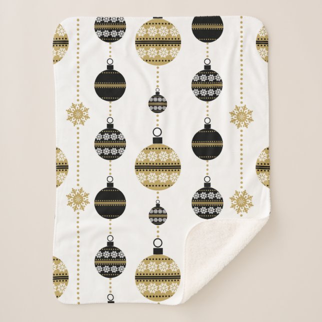 Cobertor Sherpa Padrão de Natal Dourado/Preto/Branco (Frente)