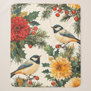 Cobertor Sherpa Padrão de Natal Galo-de-bigode Crimson Dahlia Crem