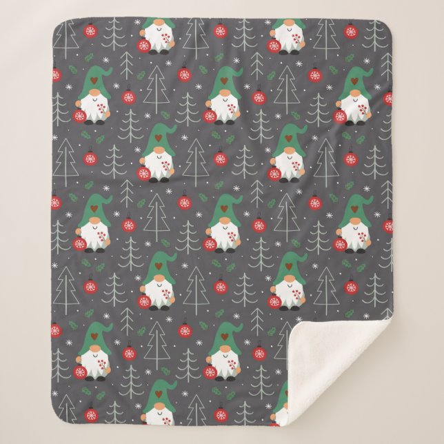 Cobertor Sherpa Padrão de Ornamentos de Árvore de Natal Gnomo Verd (Frente)