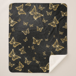 Cobertor Sherpa Padrão de ouro e borboletas pretas