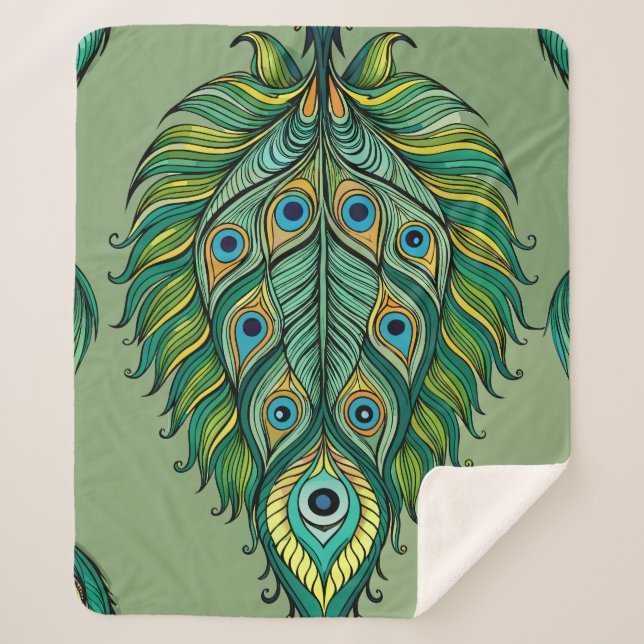 Cobertor Sherpa Padrão de Penas de Peacock Altamente Detalhado (Frente)