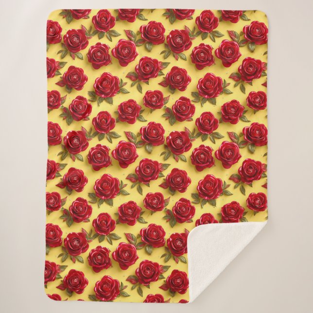 Cobertor Sherpa padrão de rosas vermelhas 3d (Frente)