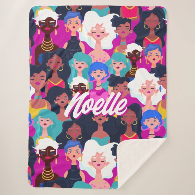 Cobertor Sherpa Padrão de Rostos Múltiplos Culturais das Mulheres, (Frente)