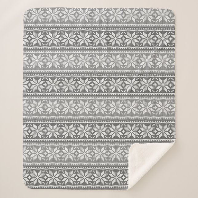 Cobertor Sherpa Padrão de Suéter de Neve Faux Knit Branco da Cinza (Frente)