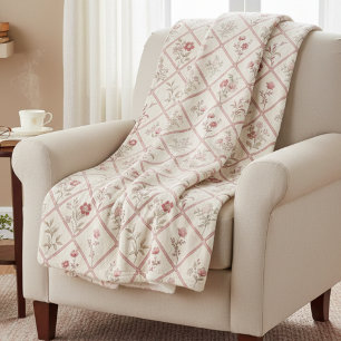 Cobertor Sherpa Padrão de Treliça Floral Rosa Desbotado Vintage