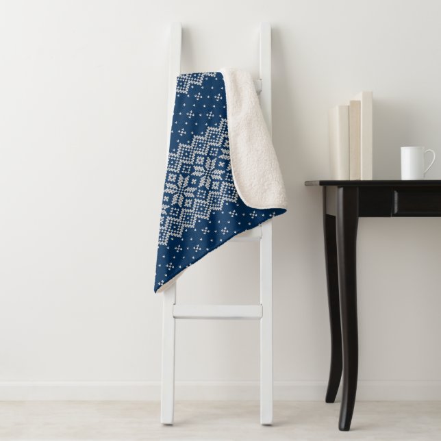 Cobertor Sherpa Padrão de tricô de lã azul e branco (In Situ)