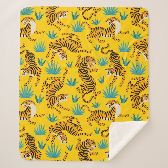 Cobertor Sherpa Padrão Dourado de Tigre Asiático (Frente)