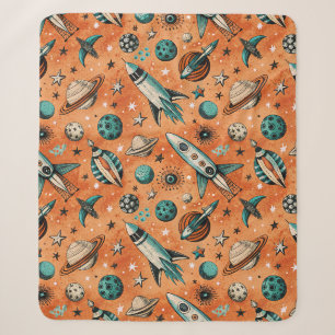 Cobertor Sherpa Padrão Espacial Foguete Retro Terracota Teal