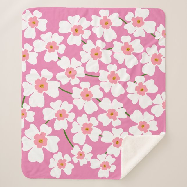 Cobertor Sherpa Padrão estético da flor branca e rosa retrorreflec (Frente)