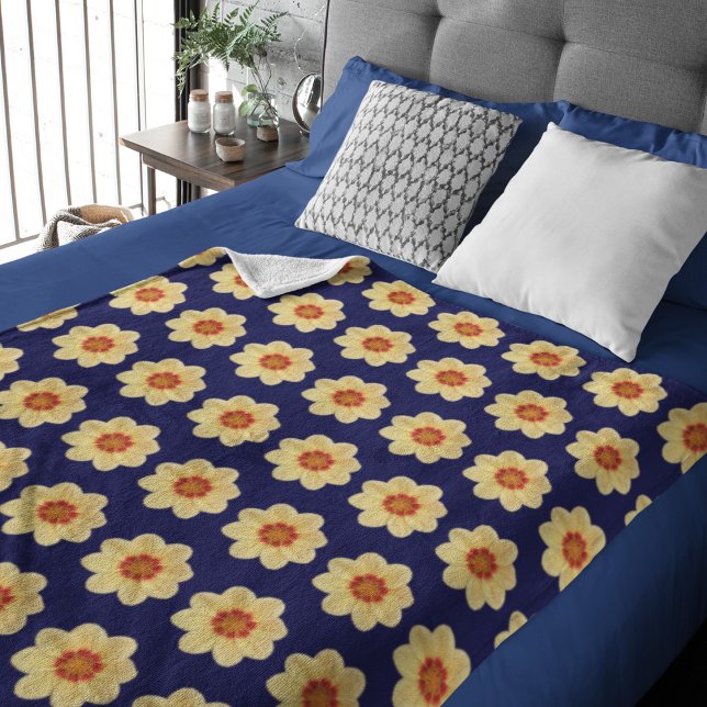 Cobertor Sherpa Padrão Floral Amarelo Dahlia no Azul (In Situ Bed)