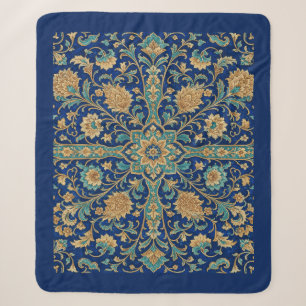 Cobertor Sherpa Padrão Floral Arabesco Persa Azul Real