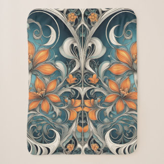 Cobertor Sherpa Padrão floral Art Nouveau em azul turquesa e laran