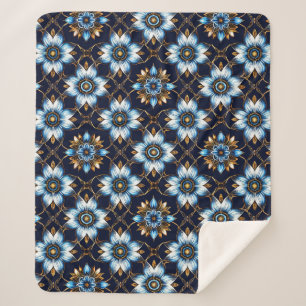 Cobertor Sherpa Padrão Floral Azul e Dourado Elegante