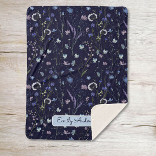 Cobertor Sherpa Padrão Floral Azul Roxo Lindas Flores Silvestres