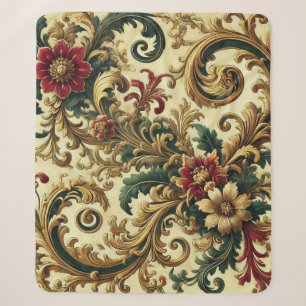 Cobertor Sherpa Padrão Floral Barroco com Dourado, Vermelho, Verde