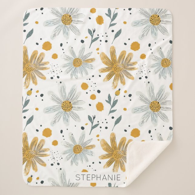 Cobertor Sherpa Padrão Floral Branco e Amarelo (Frente)