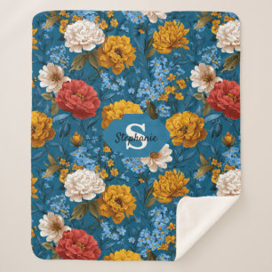 Cobertor Sherpa Padrão Floral Colorido Rustic Vintage em Azul