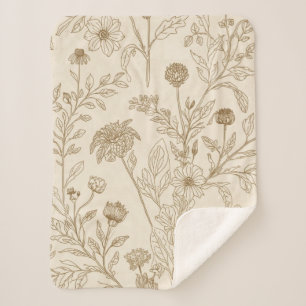 Cobertor Sherpa Padrão Floral de Arte Linear Botânica Sépia Antiga