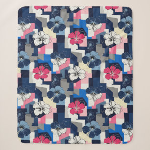 Cobertor Sherpa Padrão Floral de Hibisco Azul Elegante (4)