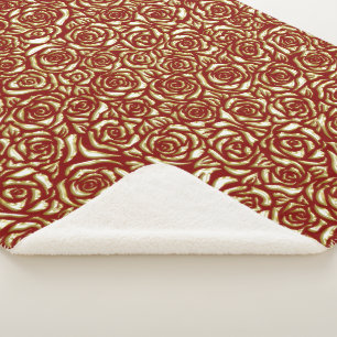 Cobertor Sherpa Padrão Floral de Luxo Rosa Burgundy e Dourado