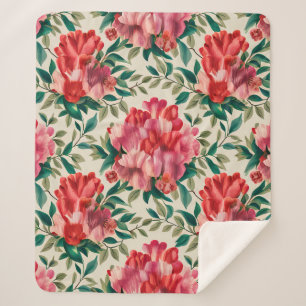 Cobertor Sherpa Padrão Floral Elegante com Flores Vermelhas e Rosa
