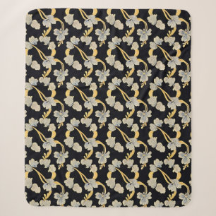 Cobertor Sherpa Padrão Floral Elegante em Dourado e Branco