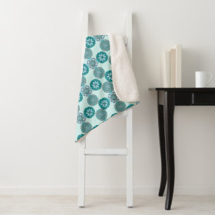 Cobertor Sherpa Padrão Floral Ornamental Geométrico Azul e Turques