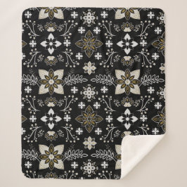Cobertor Sherpa Padrão floral preto e branco ornamentado