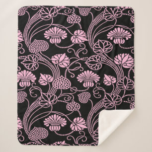 Cobertor Sherpa Padrão Floral Retroativo Rosa em Preto