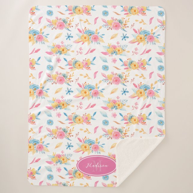 Cobertor Sherpa Padrão Floral Rosa bonito Monograma (Frente)