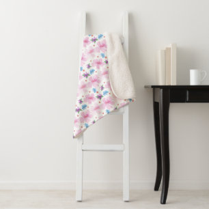 Cobertor Sherpa Padrão Floral Rosa em Aquarela Suave