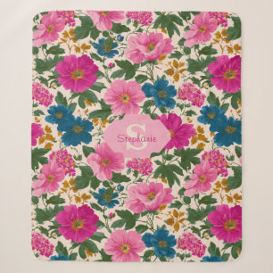 Cobertor Sherpa Padrão Floral Rustic Vintage Blue e Pink