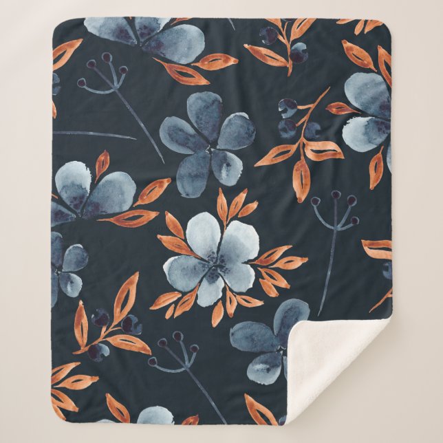 Cobertor Sherpa Padrão floral uniforme de aquarelas com indigo flo (Frente)