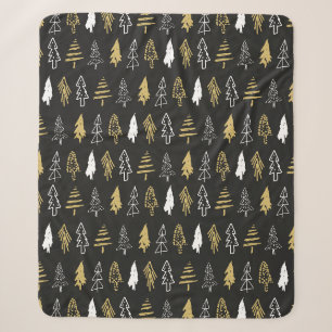 Cobertor Sherpa Padrão Florestal de Árvore de Natal Preto Dourado
