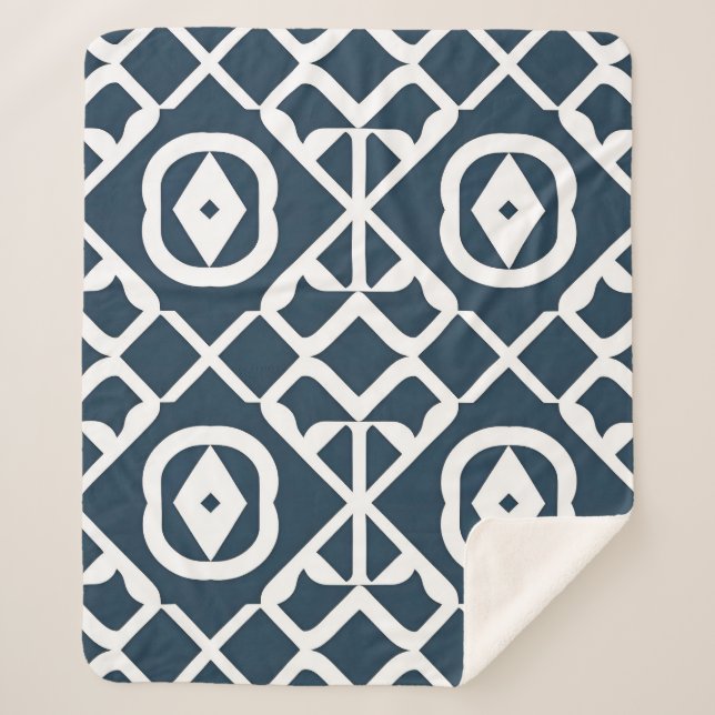Cobertor Sherpa Padrão Geométrico Abstrato Azul e Branco (Frente)
