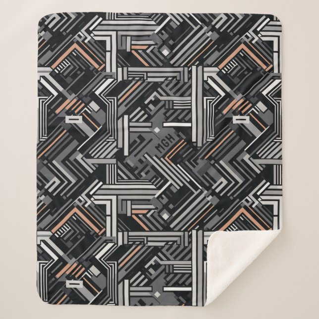 Cobertor Sherpa Padrão Industrial Monograma Abstrato (Frente)