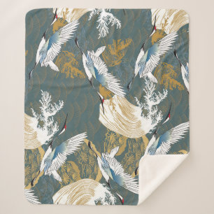 Cobertor Sherpa Padrão Japonês De Vintage Crane Birds