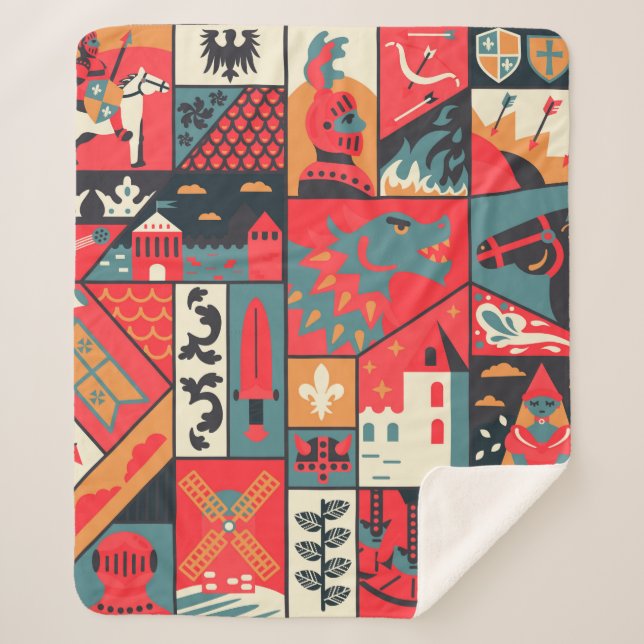 Cobertor Sherpa Padrão medieval sem descontinuidades design. Texto (Frente)