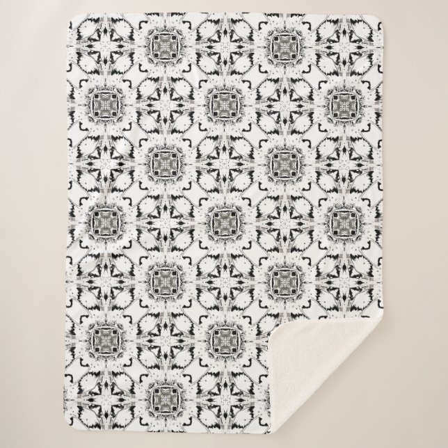 Cobertor Sherpa Padrão Moderno Tribal Negro e Branco (Frente)