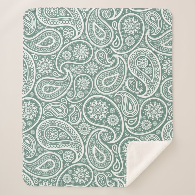 Cobertor Sherpa Padrão paisley de vinheta verde e branco (Frente)