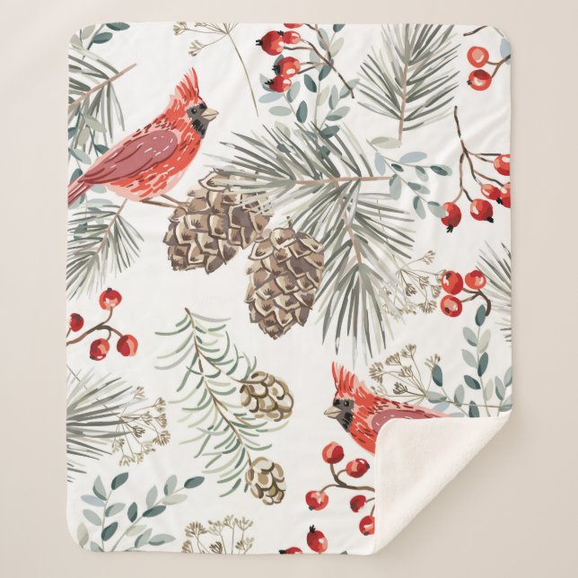 Cobertor Sherpa Padrão perfeito de Natal, aves cardeais, vermelho (Frente)